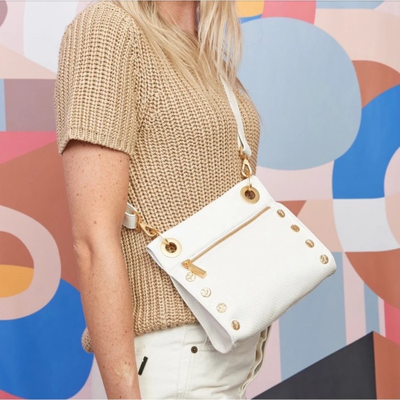 HAMMITT Tony Marshmallow White Snake Emboss Leather Gold Grommet Small Crossbody - Picture 1 of 16